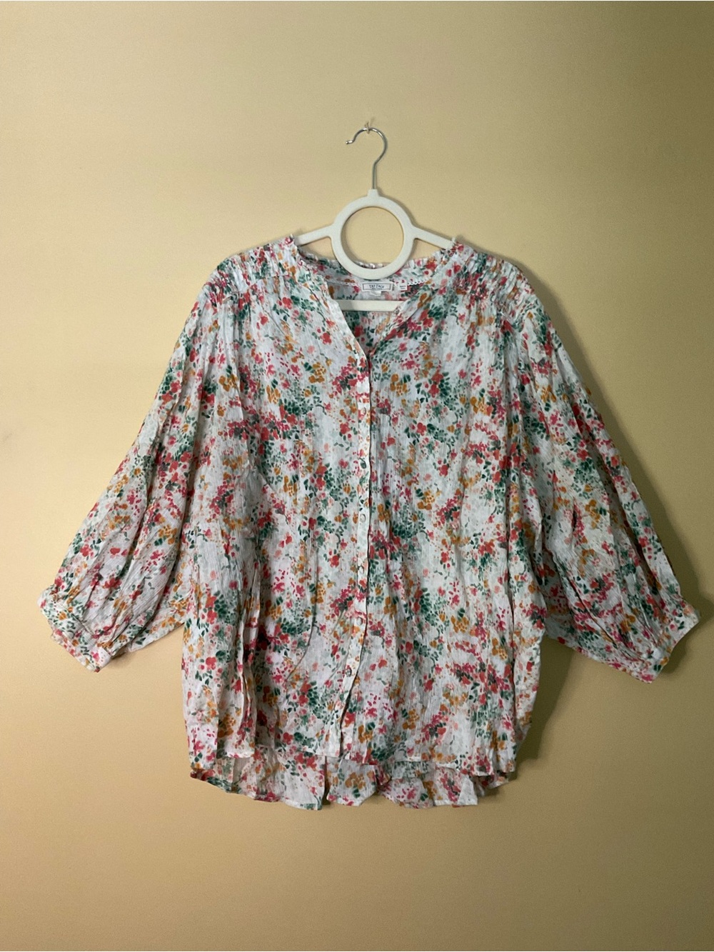 Fat Face White Floral Button-Front Blouse with Pink & Green Accents